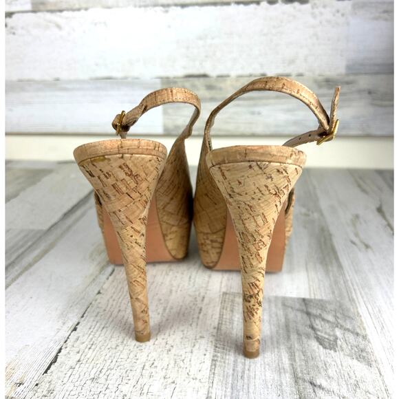 Stuart Weitzman Womens 9 Tan Cork Platform High Heel Slingback Pumps Heels - Picture 5 of 9